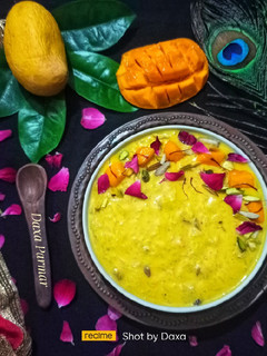 A picture of Mango Rice Kheer / Mango Rice Pudding.