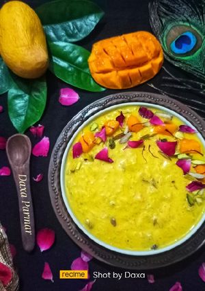 A picture of Mango Rice Kheer / Mango Rice Pudding.