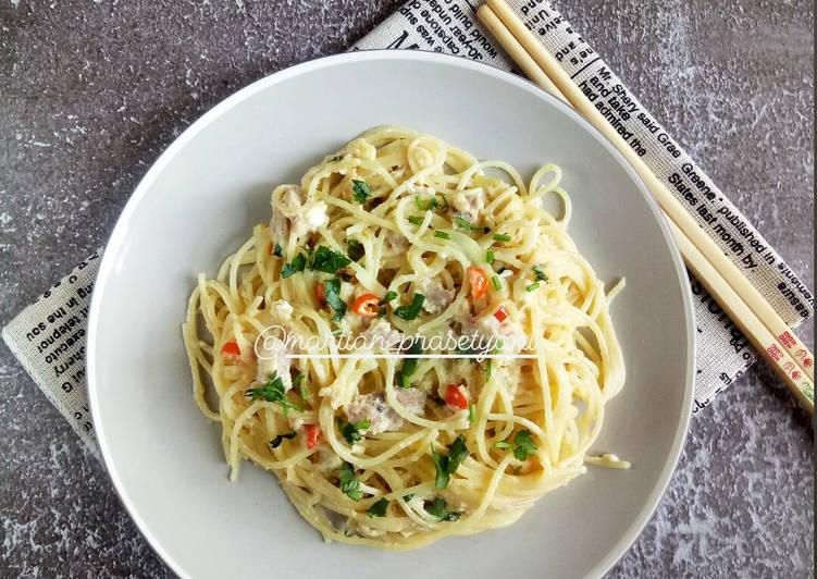 Cara Gampang Menyiapkan Tuna spaghetti aglio olio Anti Gagal