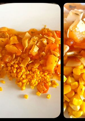 Una foto de Guisado simple de 🥕🌽🍆 y fideos cinta. #otoño