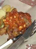 Crispy Beef Steak with Spicy Lemon Garlic Sauce and Apple Slices