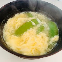 Egg drop miso soup with snap-pea A picture of Egg drop miso soup with snap-pea.