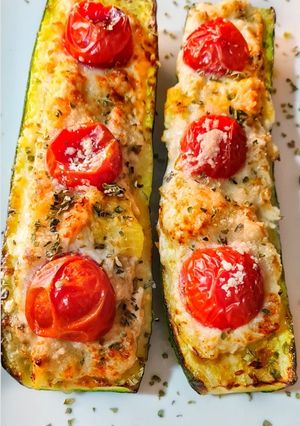 A picture of Zucchini Boats Stuffed with Chicken in Air Fryer.