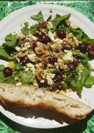 A picture of Caerphilly cheese, cherry and walnut salad.