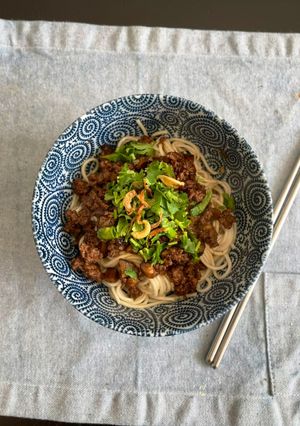 A picture of Mushroom & Ground Beef Noodles - Rou Zhou Mian.