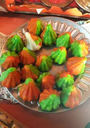 A picture of Tri colour mawa modak.