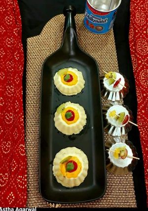 A picture of Steamed Yogurt Pudding With Mango Mousse.