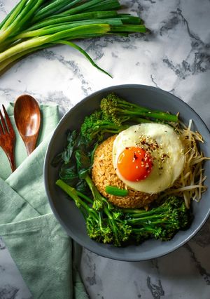 A picture of Ginger & Garlic Fried Rice With Egg & Steamed Vegetables.