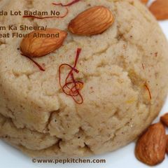 A picture of Ghau Na Jada Lot Badam No Sheero/ Atta Badaam Ka Sheera / Coarse Wheat FLour Almond Halwa.
