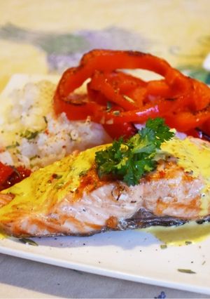 Une photo de Saumon curry coco