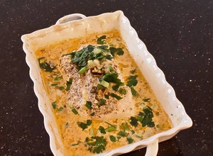 A picture of Roasted Fish Fillets in a Lemon Jalapeno Cream Sauce.
