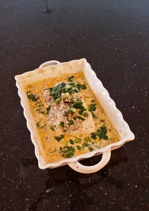 A picture of Roasted Fish Fillets in a Lemon Jalapeno Cream Sauce.