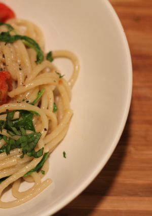 A picture of Linguine with lemon + white white sauce.