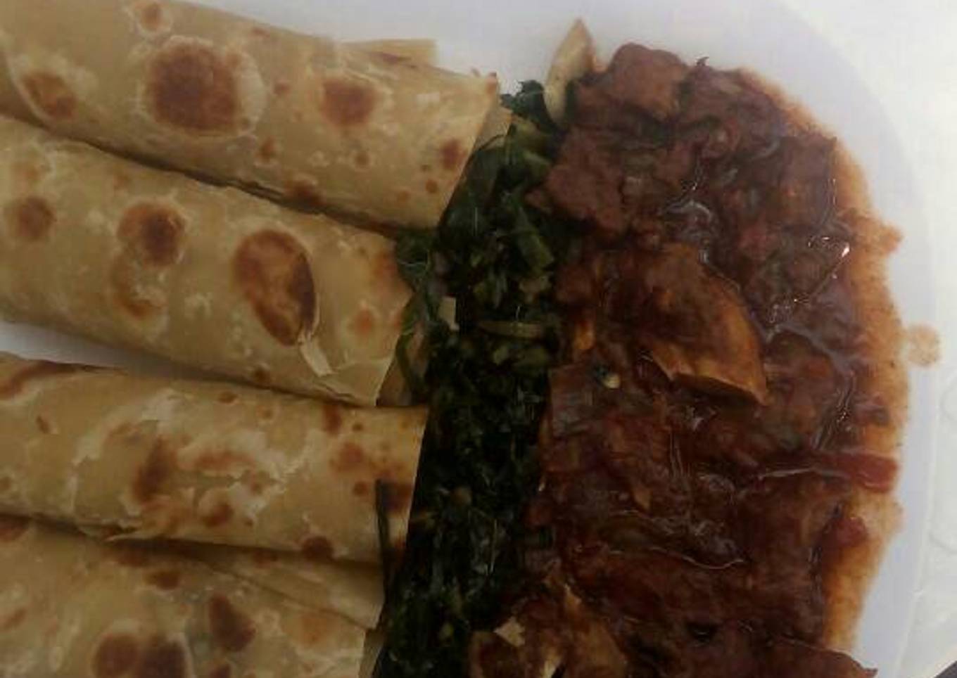 Beef stew,greens with chapati