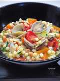 Fregola Sarda with Clams, Bell Pepper, and Roasted Datterini Tomatoes