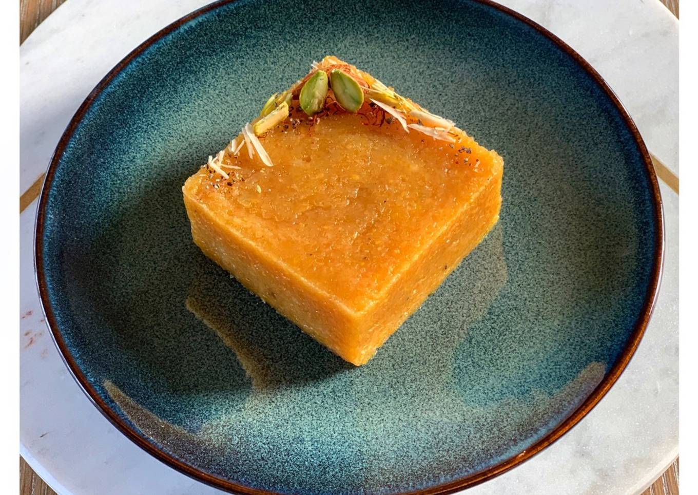 Saffron and Mung dal halwa<br />(Saffron and Petite yellow lentil fondant)