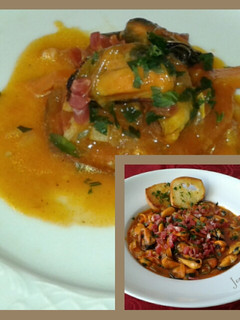 Una foto de Mejillones en salsa, con toque de grasse de canard y jamón