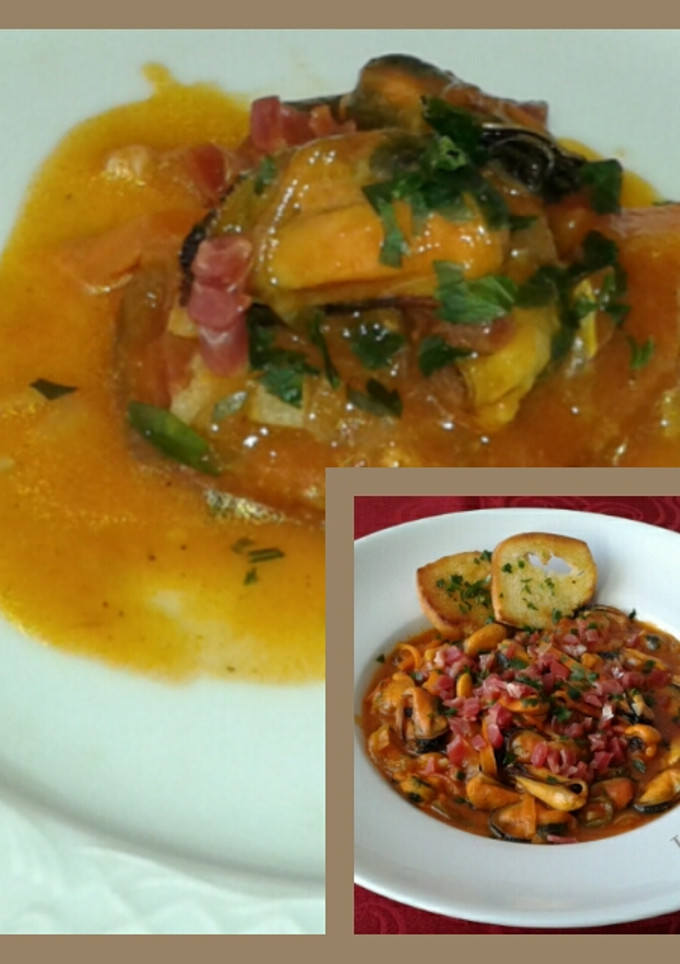 Una foto de Mejillones en salsa, con toque de grasse de canard y jamón