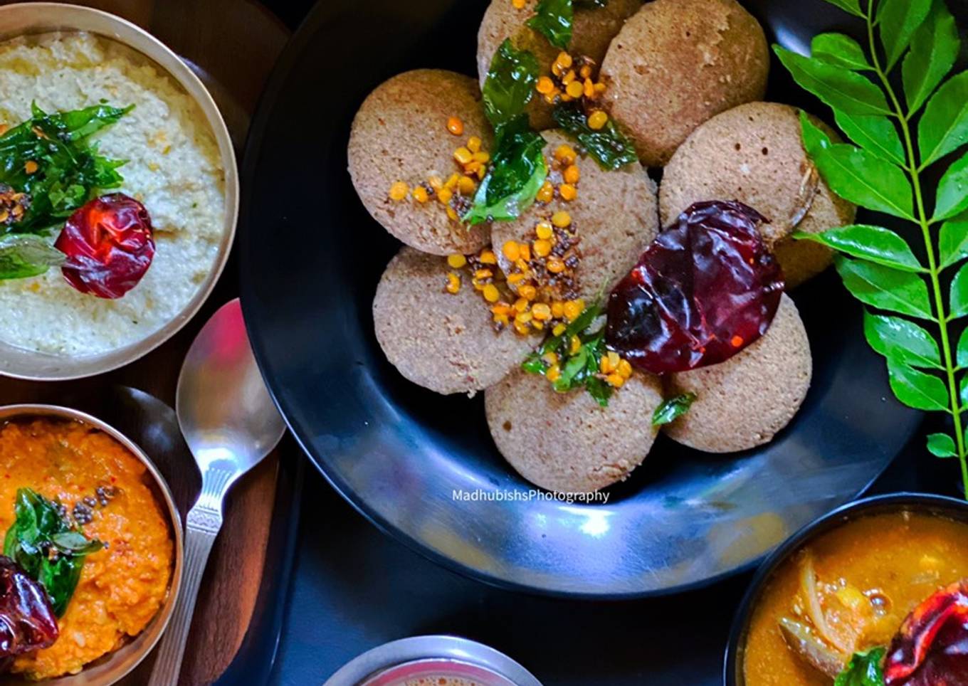 Multigrain Idli, Garlic Chutney, Coconut Chutney, Sambhar