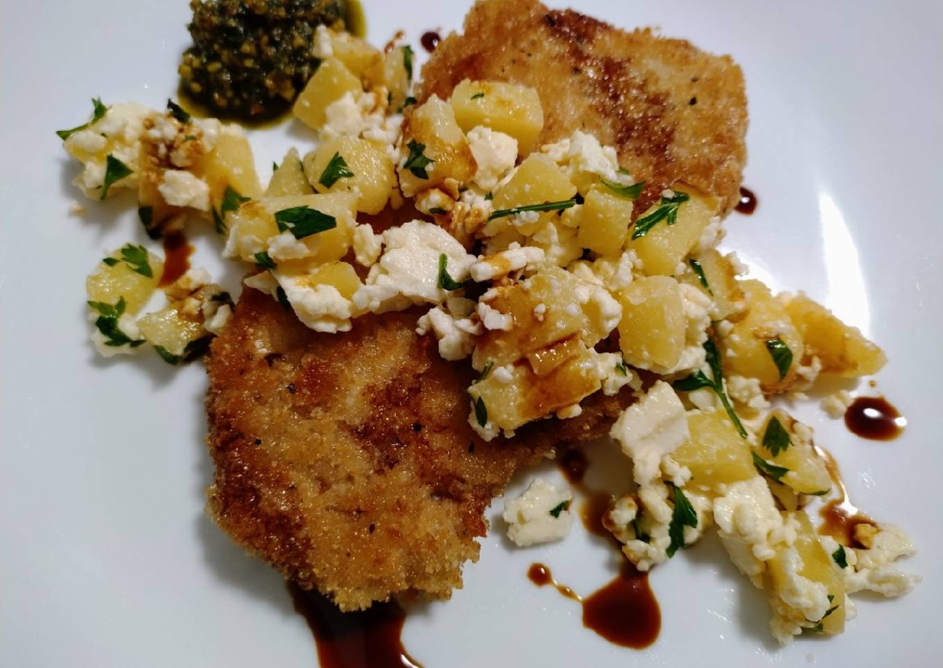 Crispy pork chops with apple, feta and balsamic