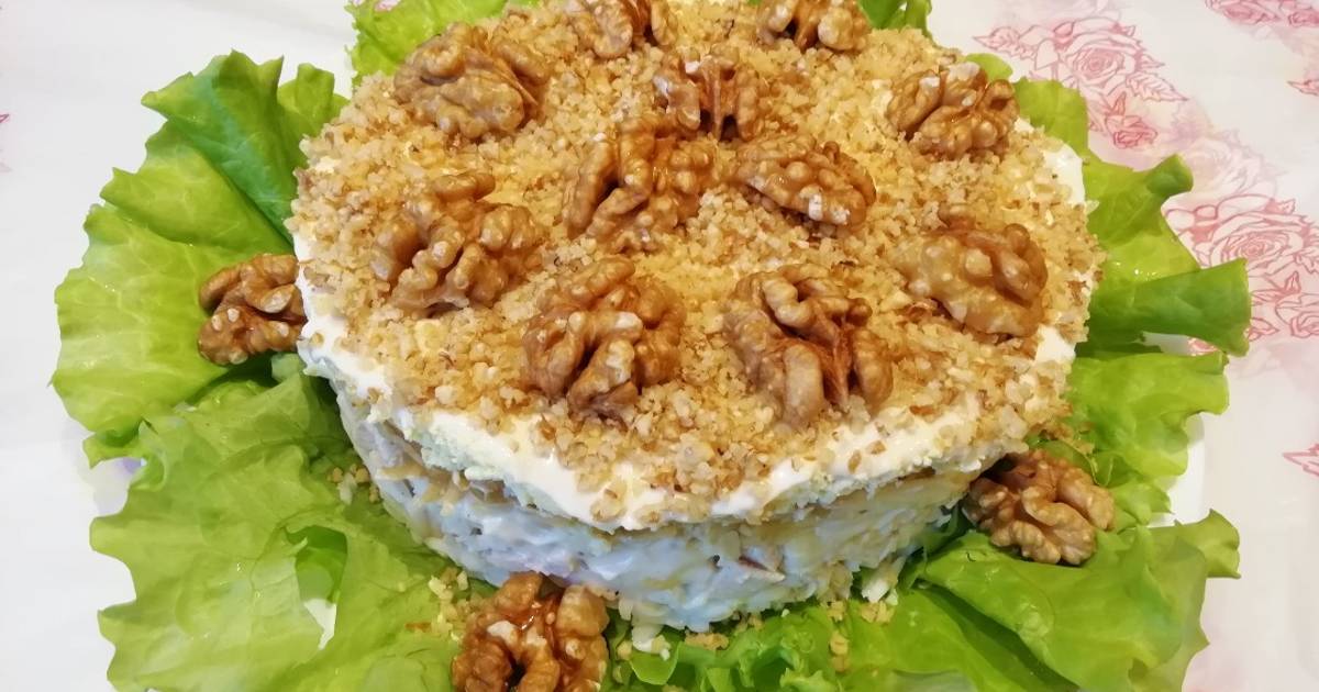 Салат черепашка с курицей и грецкими орехами рецепт с фото слоями