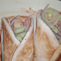 A picture of Toasted shawarma with veggies.