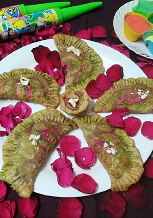 A picture of Colourful chocolate coconut gujiya.