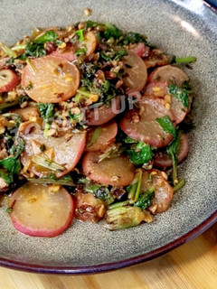 A picture of Winter Special Red Radish Sabzi With Radish leaves Mooli Ki Sabzi.