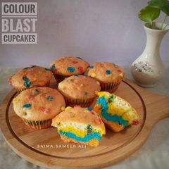 A picture of Colourblast cupcakes.