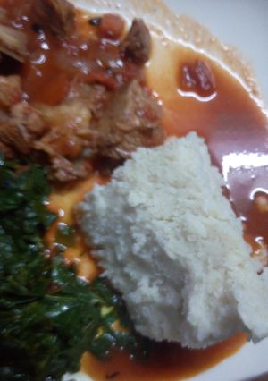 A picture of Stewed Beef Meat with Fried kunde.