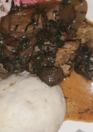 A picture of Semo and ogbono soup.