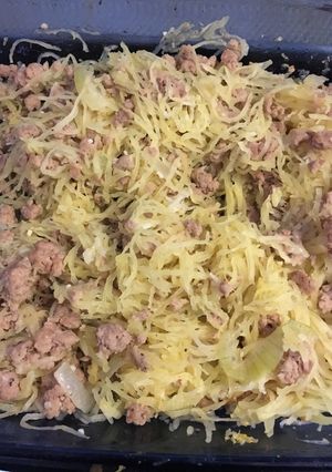 A picture of Spaghetti squash with Turkey.