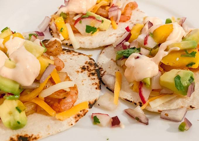 Shrimp tacos with Mango Radish Salsa