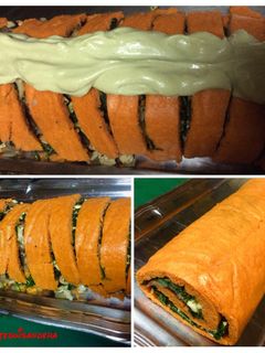 Una foto de Brazo gitano de piquillo relleno de espinacas, setas shiitake, champiñones y anacardos. VEGANO