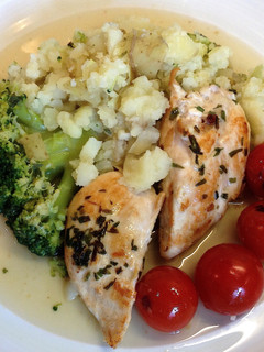 A picture of Tarragon Chicken and Crushed Potato.