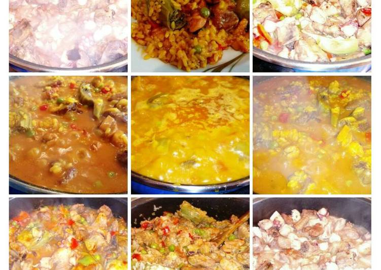 Arroz con costillas, pulpo, verduras y aguacates