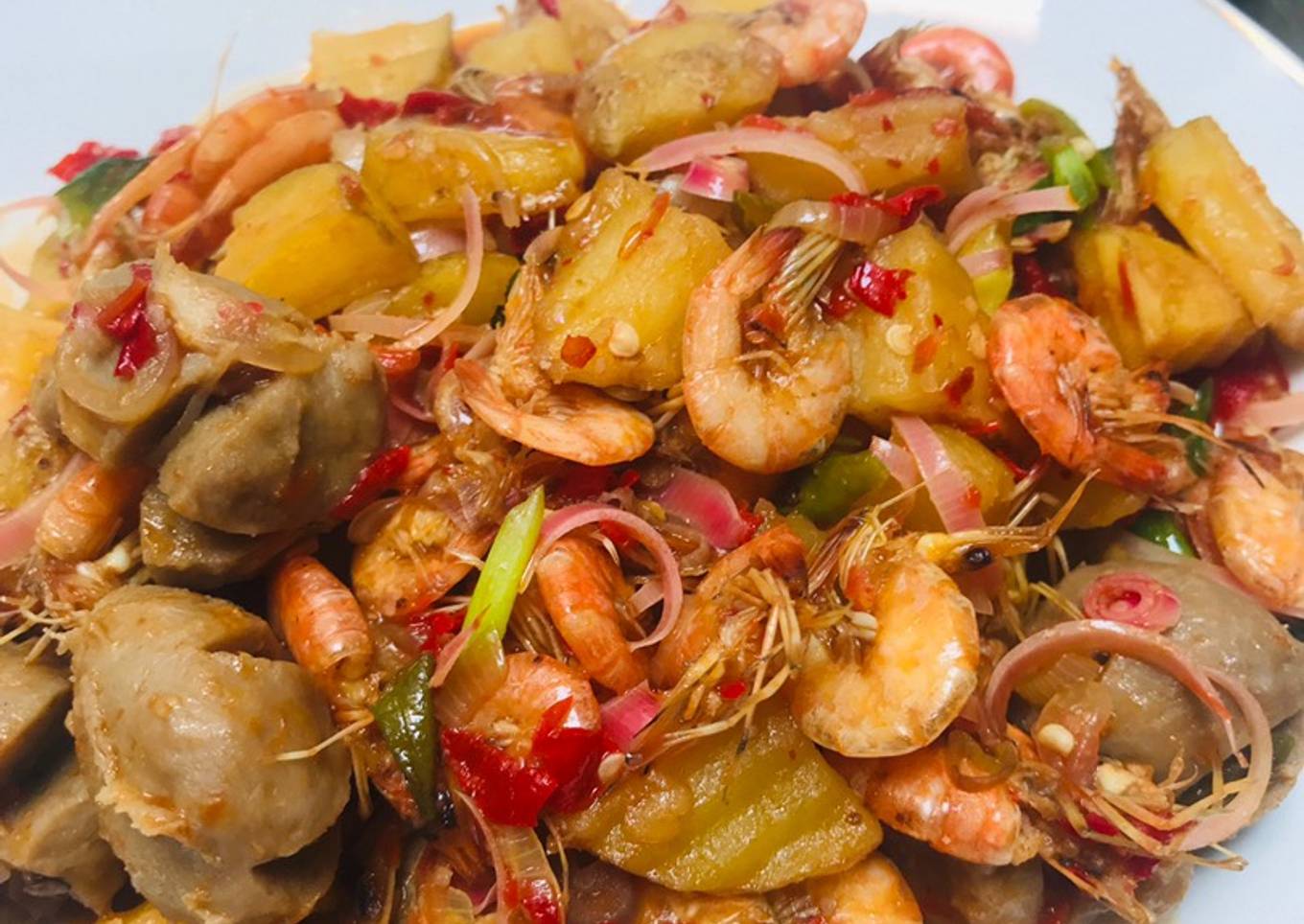 Balado kentang udang baso