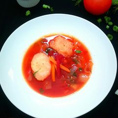 Beetroot Carrot Soup with Caraway Dumplings A picture of Beetroot Carrot Soup with Caraway Dumplings.