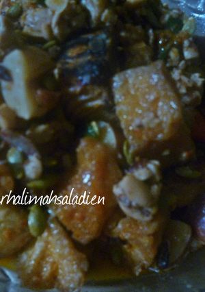 Foto resep pedas campur (biji durian, lamtoro, tahu, tempe kacang dan ikan)