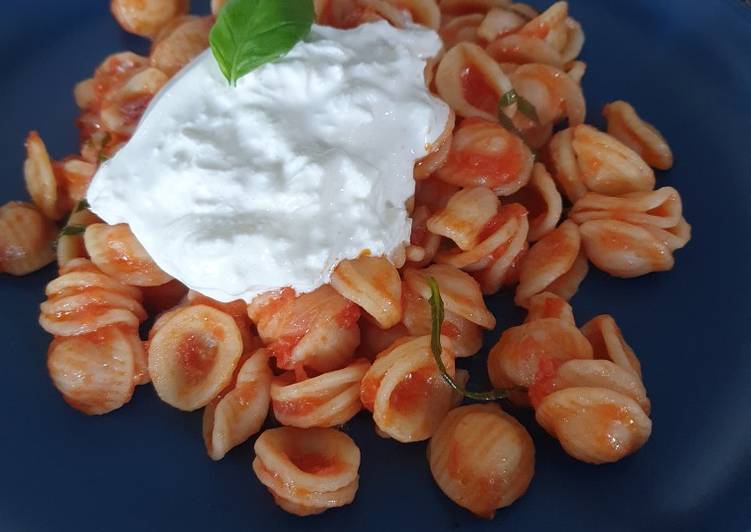 Recipe of Perfect Orecchiette with tomato and burrata cheese