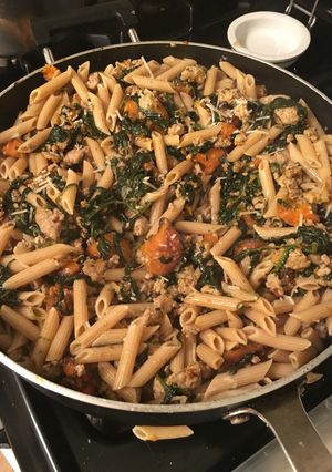 A picture of 20 Minute Skillet: Penne with turkey, roasted butternut squash, and spinach.