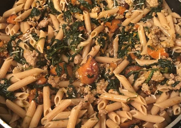 Steps to Make Ultimate 20 Minute Skillet: Penne with turkey, roasted butternut squash, and spinach