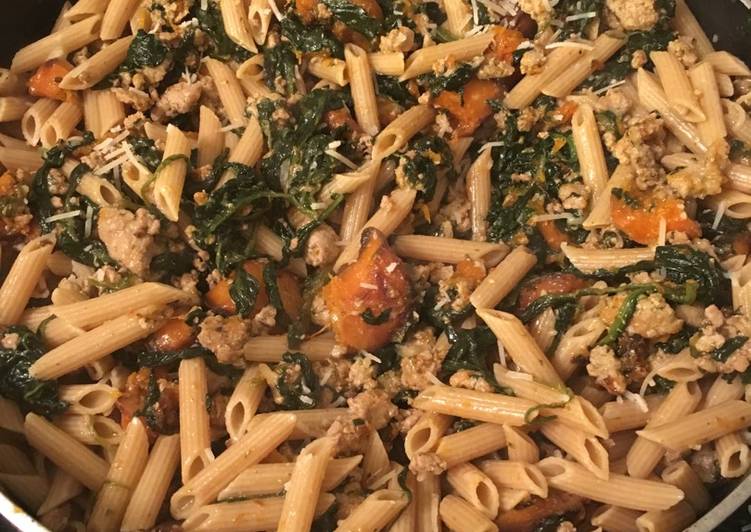 Simple Way to Prepare Super Quick Homemade 20 Minute Skillet: Penne with turkey, roasted butternut squash, and spinach