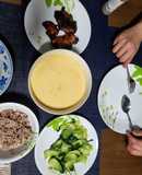 Char siew chicken, garlic boy choy, steamed egg with minced meat