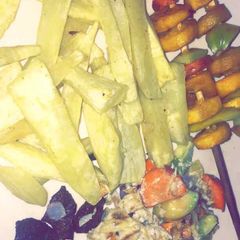 Sweet potatoes wit stick plantain nd scramble vege egg A picture of Sweet potatoes wit stick plantain nd scramble vege egg.