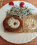 Hamburguesa de berenjena con Sándwich de cereales y Gulas al ajillo