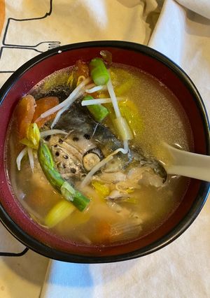 A picture of Salmon Head Soup with Asparagus.