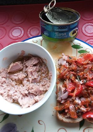 A picture of Tuna on Sandwich w/ Salsa Capsic-Onion&Mushroom Toma😙🎏🐟🧀🌮😄.