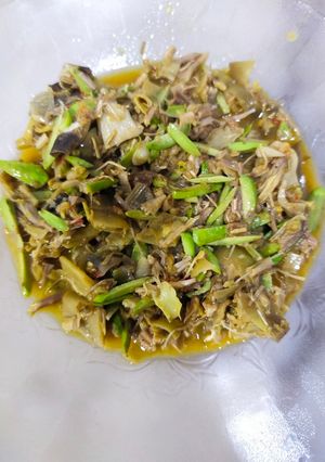 Foto resep Jantung Pisang Masak Cabe Rawit Pete (vegan)