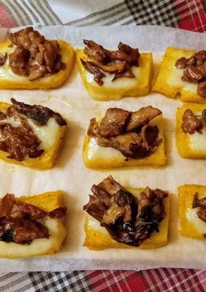A picture of Polenta Crostini with Mushrooms and Soft Cheese.